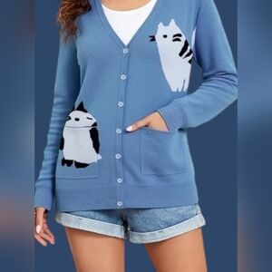 Blue Button-Up Cardigan with Cat Intarsia